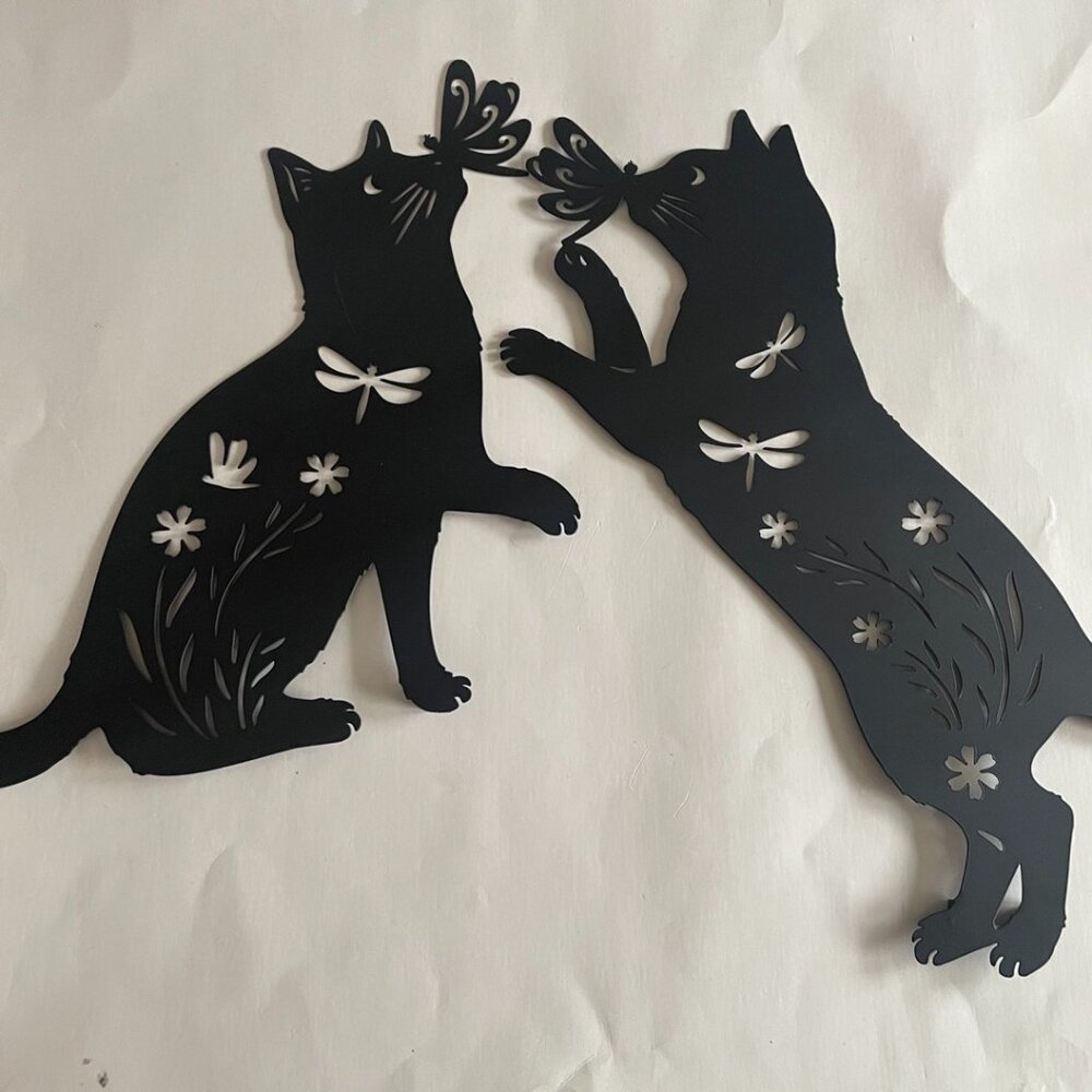 2 Black Metal Cat Wall Art Silhouette